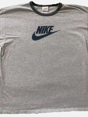 Vtg 90s Nike Ringer T Shirt XL Gray Green Swoosh Logo Distressed Single Stitch